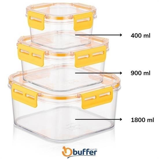 BUFFER® 3`lü Pratik Silikon Contalı Sızdırmaz Kapaklı Sağlam İstiflenebilir Saklama Kapları BUFFER® 3`lü Pratik Silikon Contalı Sızdırmaz Kapaklı Sağlam İstiflenebilir Saklama Kapları