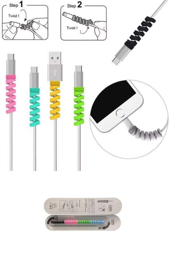 BUFFER® 4lü Apple, Android Şaj Kablosu Koruyucu Silikon Spiral Yay Aparat BUFFER® 4lü Apple, Android Şaj Kablosu Koruyucu Silikon Spiral Yay Aparat