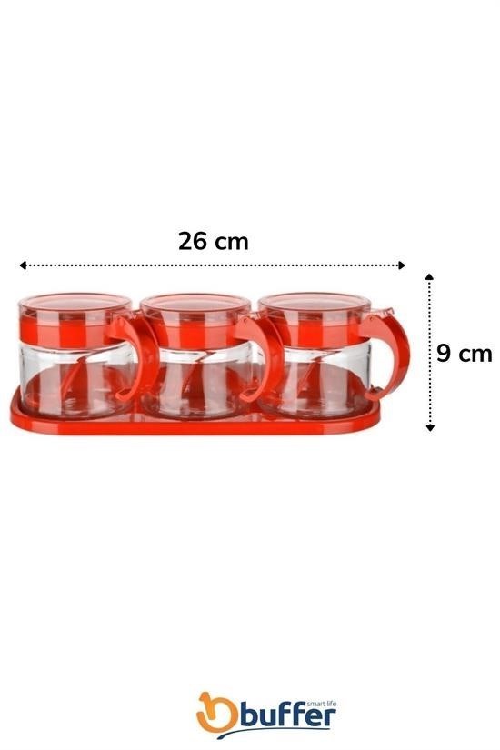 BUFFER® Kırmızı 3lü Standlı Kapaklı Kaşıklı Cam Hava Sızdırmaz Baharatlık Takımı KC-386 BUFFER® Kırmızı 3lü Standlı Kapaklı Kaşıklı Cam Hava Sızdırmaz Baharatlık Takımı KC-386