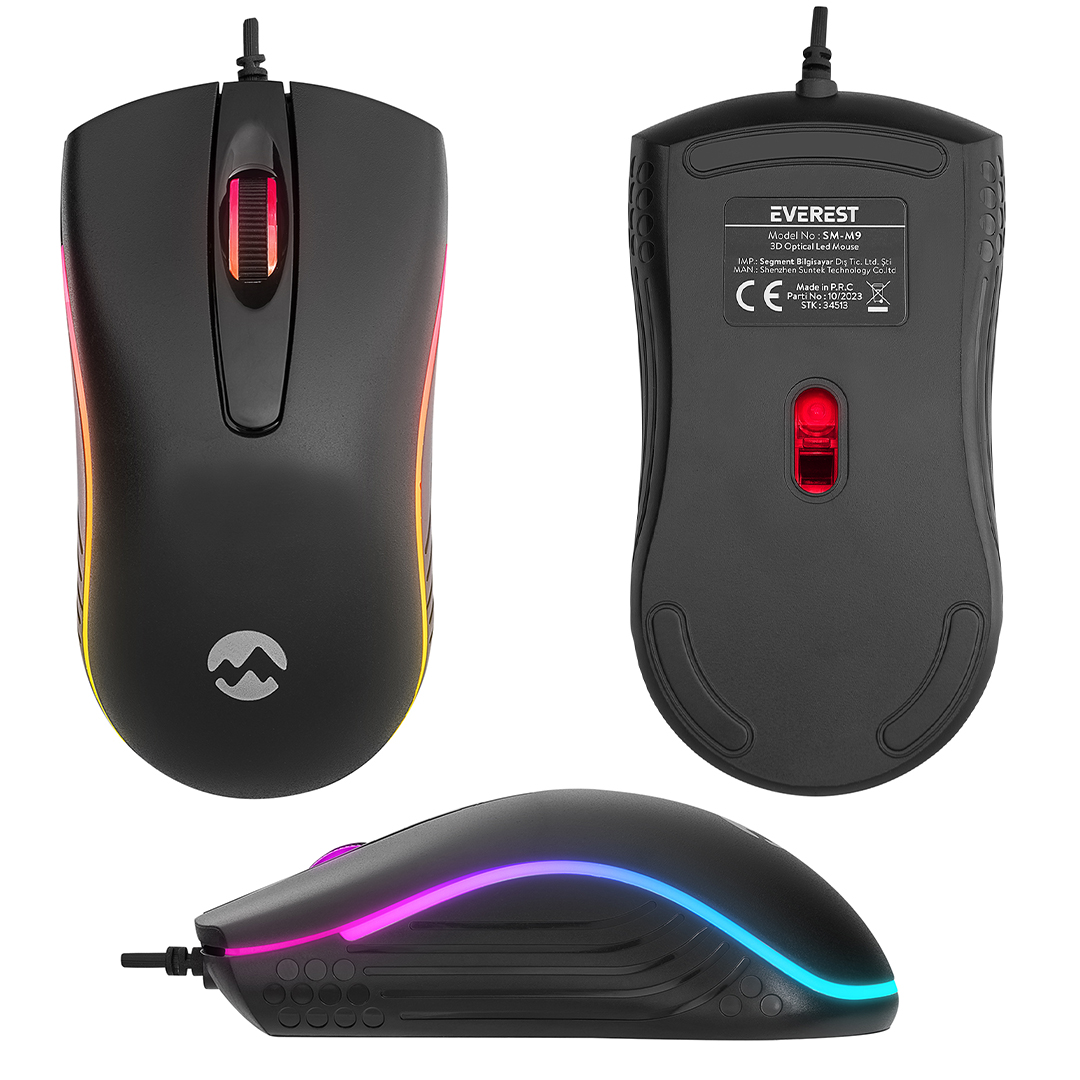 EVEREST SM-M9 1000 DPI USB RGB RAİNBOW LEDLİ SİYAH 3D OPTİK LED MOUSE (4707) EVEREST SM-M9 1000 DPI USB RGB RAİNBOW LEDLİ SİYAH 3D OPTİK LED MOUSE (4707)