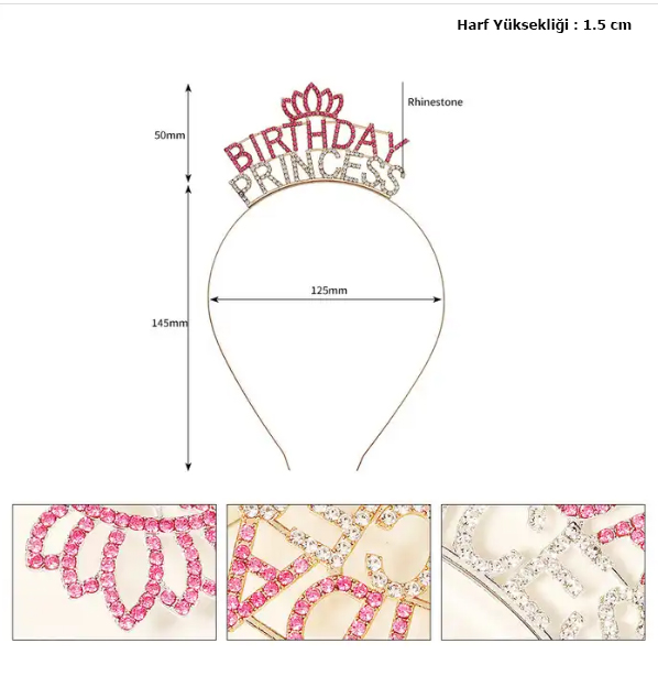 Kristal Taşlı Pembe Birthday Princess Yazılı Parti Tacı 19x11 cm (4707) Kristal Taşlı Pembe Birthday Princess Yazılı Parti Tacı 19x11 cm (4707)