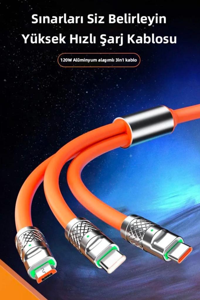 Petinka Şarj Kablosu 3 `in 1 Type-C + Micro Usb + Lightning Hızlı Şarj Silikon Kablo 1 Metre Kablo Petinka Şarj Kablosu 3 `in 1 Type-C + Micro Usb + Lightning Hızlı Şarj Silikon Kablo 1 Metre Kablo