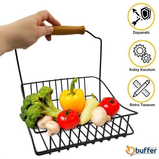 Petinka® Retro Ferforje Askılı Siyah Ahşap Kulplu Düzenleyici Mutfak Sepeti Petinka® Retro Ferforje Askılı Siyah Ahşap Kulplu Düzenleyici Mutfak Sepeti