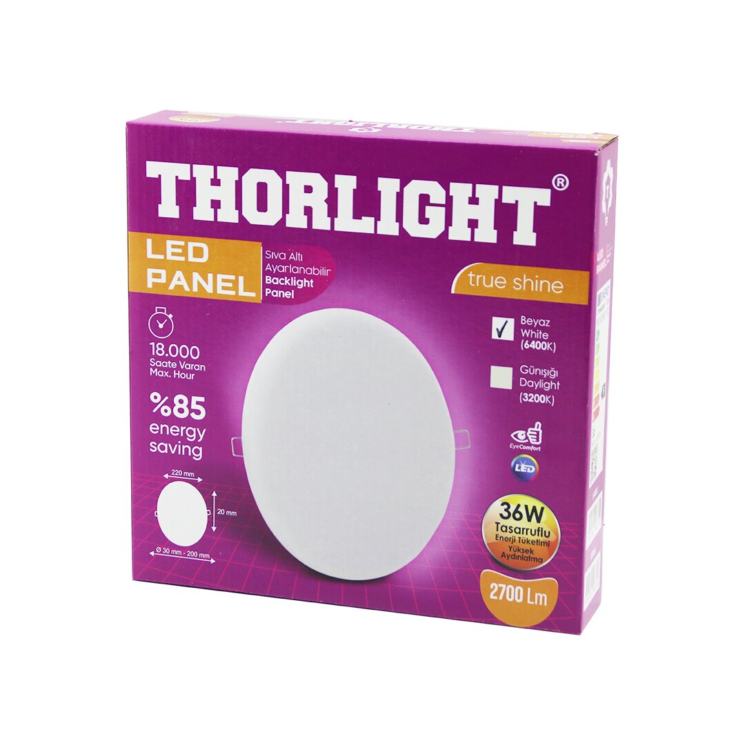 THORLIGHT S-236 36W 22CM BEYAZ LED PANEL SIVA ALTI AYARLI MANDALLI 6400K - 2700LM - 18000 SAAT - 2835 SMD (4707) THORLIGHT S-236 36W 22CM BEYAZ LED PANEL SIVA ALTI AYARLI MANDALLI 6400K - 2700LM - 18000 SAAT - 2835 SMD (4707)